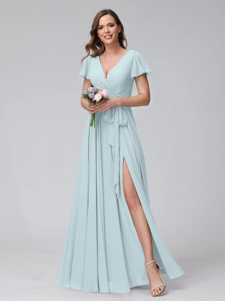 A-Line V-Neck Short Sleeves Long Chiffon Bridesmaid Dresses With Split Side - Image 47