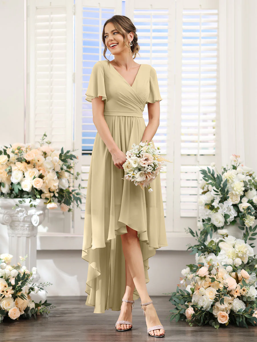 A-Line V-Neck Short Sleeves Ruched Asymmetrical Chiffon Bridesmaid Dresses - Image 24