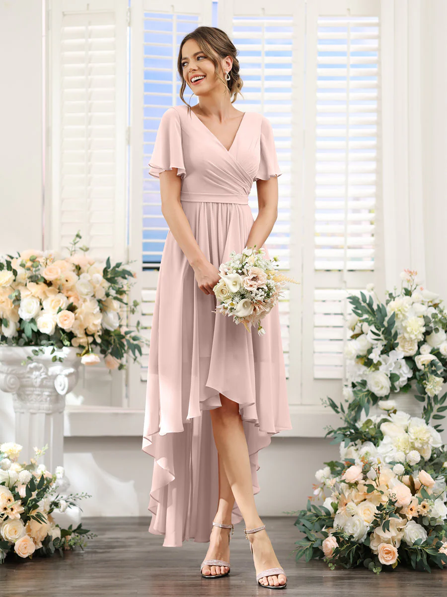 A-Line V-Neck Short Sleeves Ruched Asymmetrical Chiffon Bridesmaid Dresses - Image 26