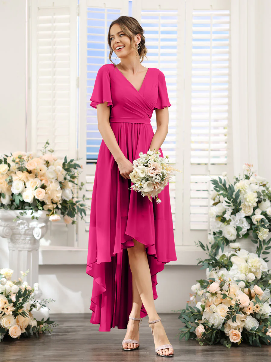 A-Line V-Neck Short Sleeves Ruched Asymmetrical Chiffon Bridesmaid Dresses - Image 34