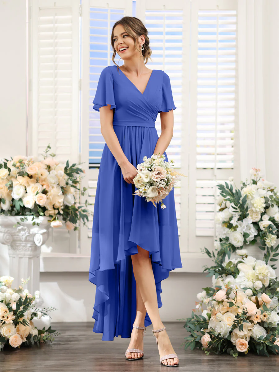 A-Line V-Neck Short Sleeves Ruched Asymmetrical Chiffon Bridesmaid Dresses - Image 54