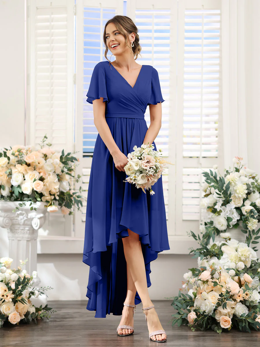 A-Line V-Neck Short Sleeves Ruched Asymmetrical Chiffon Bridesmaid Dresses - Image 56