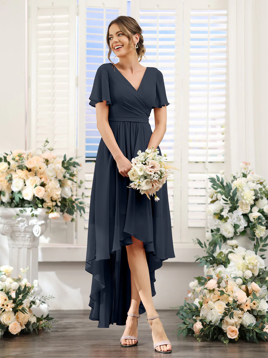 A-Line V-Neck Short Sleeves Ruched Asymmetrical Chiffon Bridesmaid Dresses - Image 59