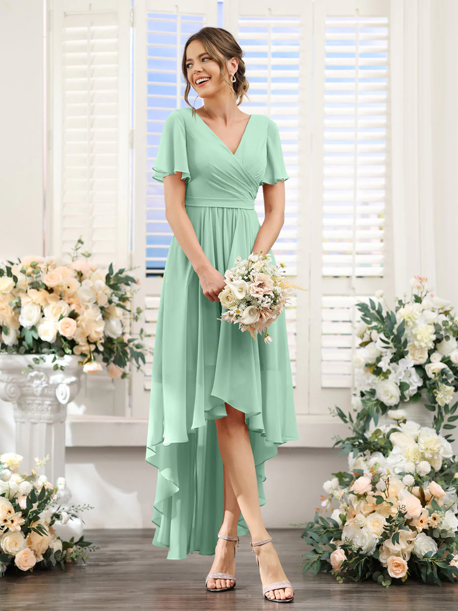 A-Line V-Neck Short Sleeves Ruched Asymmetrical Chiffon Bridesmaid Dresses - Image 61