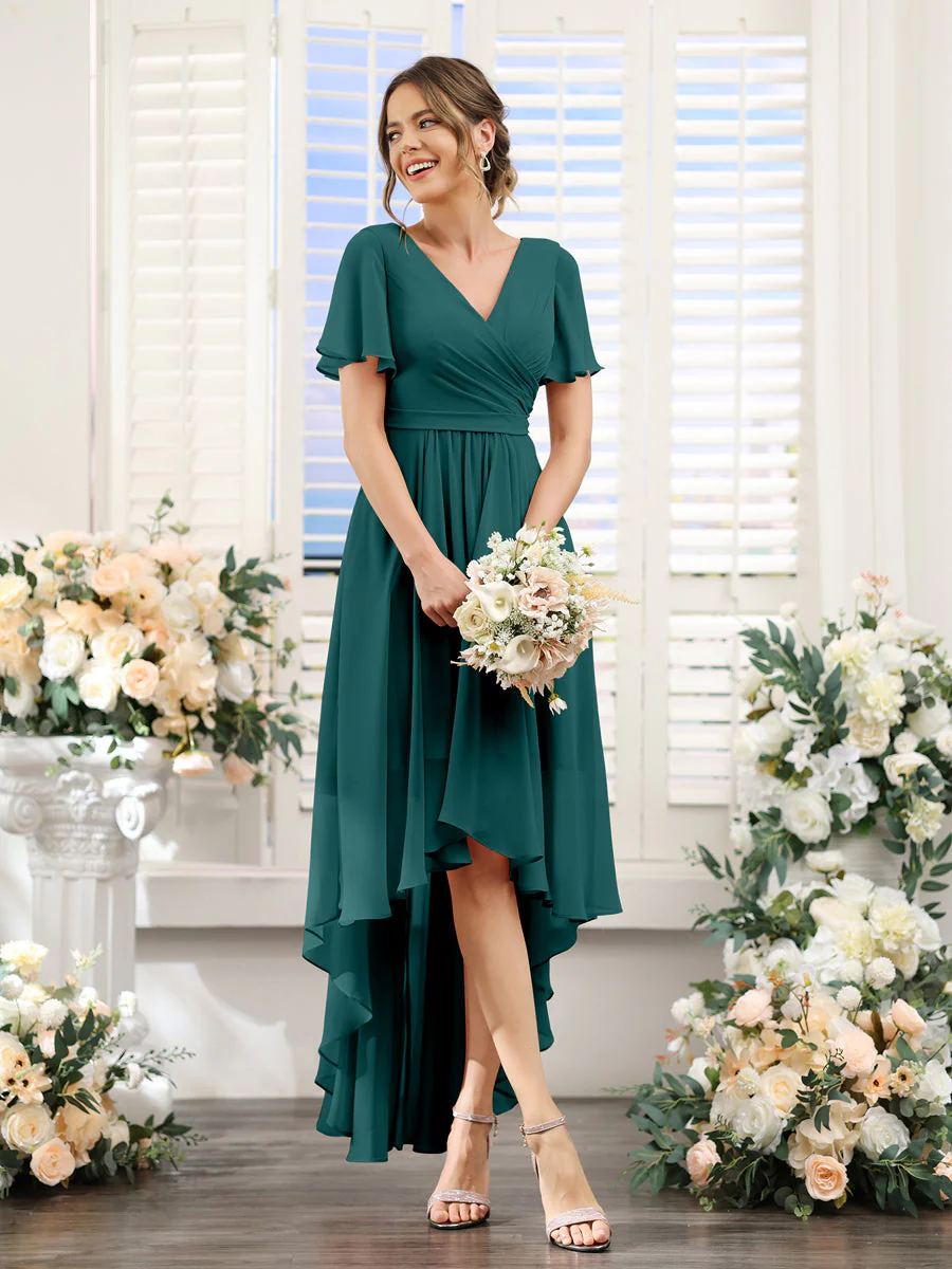 A-Line V-Neck Short Sleeves Ruched Asymmetrical Chiffon Bridesmaid Dresses - Image 66