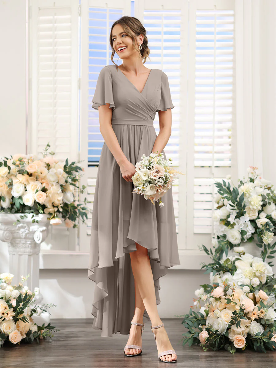 A-Line V-Neck Short Sleeves Ruched Asymmetrical Chiffon Bridesmaid Dresses - Image 73