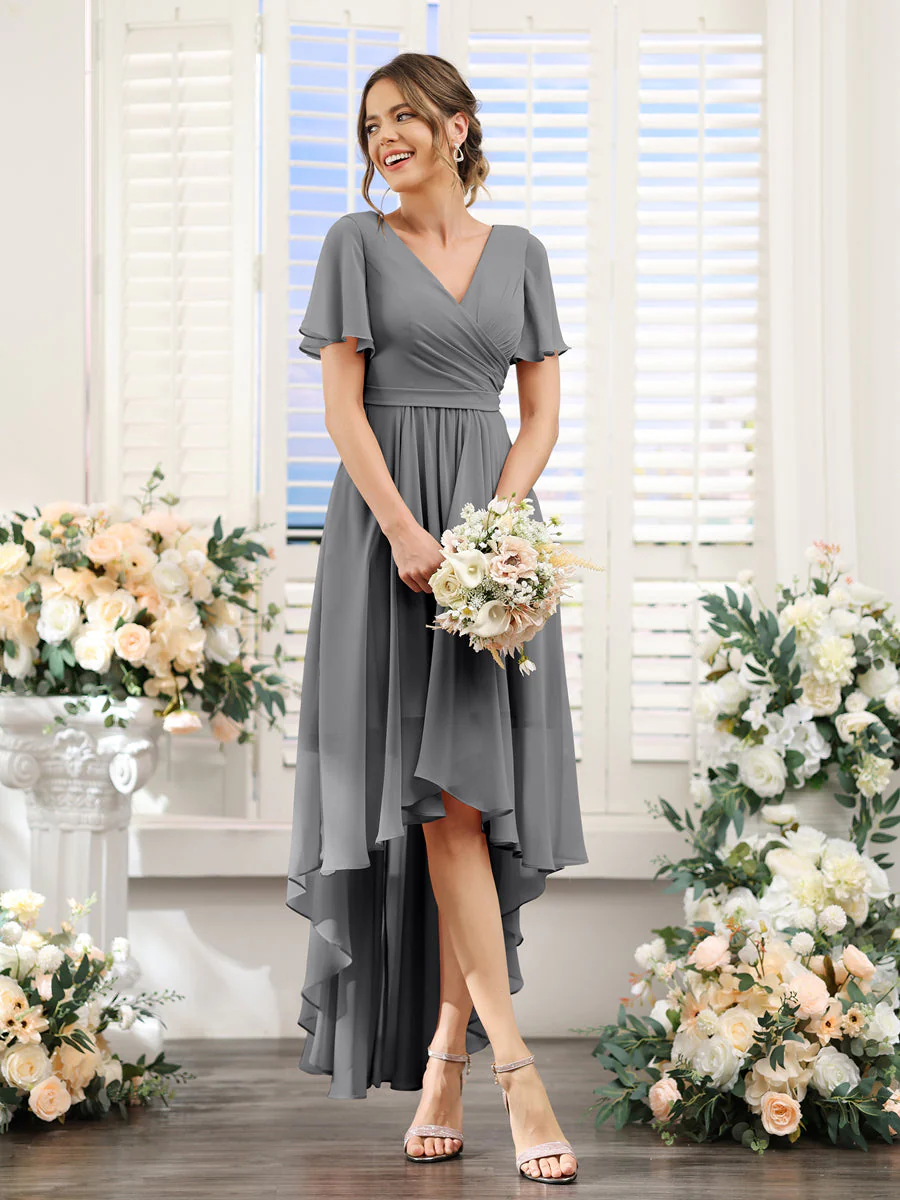 A-Line V-Neck Short Sleeves Ruched Asymmetrical Chiffon Bridesmaid Dresses - Image 75