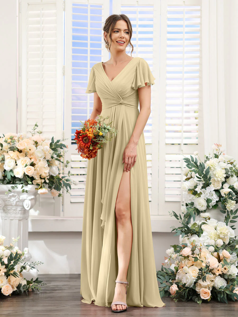 A-Line V-Neck Short Sleeves Split Side Chiffon Bridesmaid Dresses - Image 24