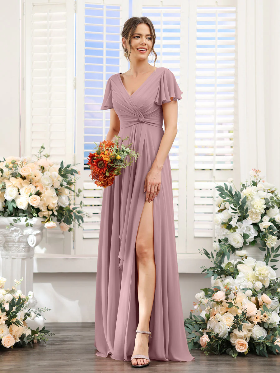 A-Line V-Neck Short Sleeves Split Side Chiffon Bridesmaid Dresses - Image 31