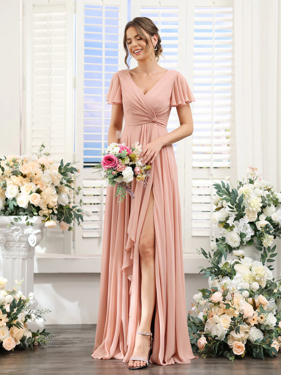 A-Line V-Neck Short Sleeves Split Side Chiffon Bridesmaid Dresses - Image 4