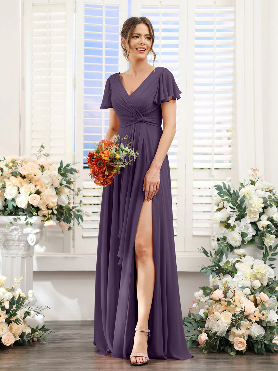 A-Line V-Neck Short Sleeves Split Side Chiffon Bridesmaid Dresses - Image 45