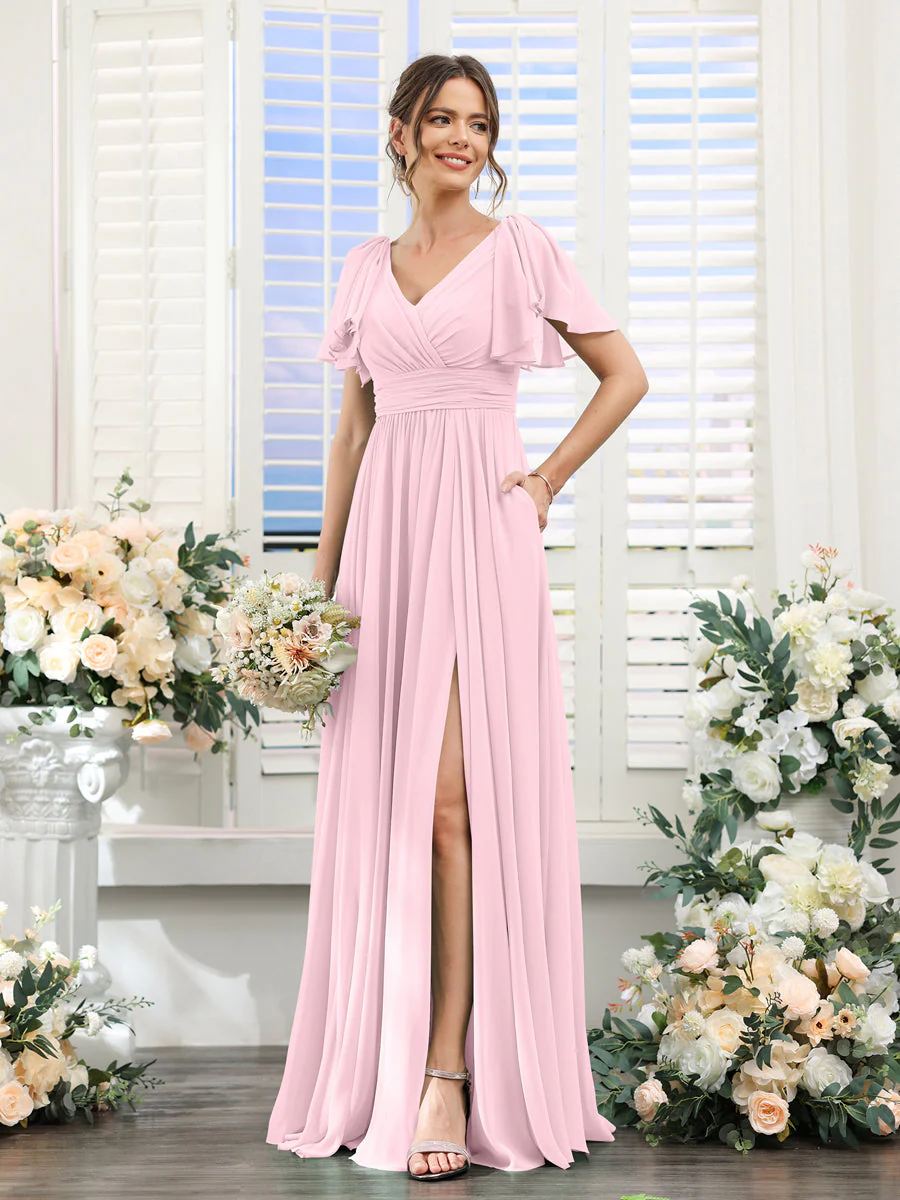 A-Line V-Neck Short Sleeves Split Side Chiffon Bridesmaid Dresses with Pockets - Image 25