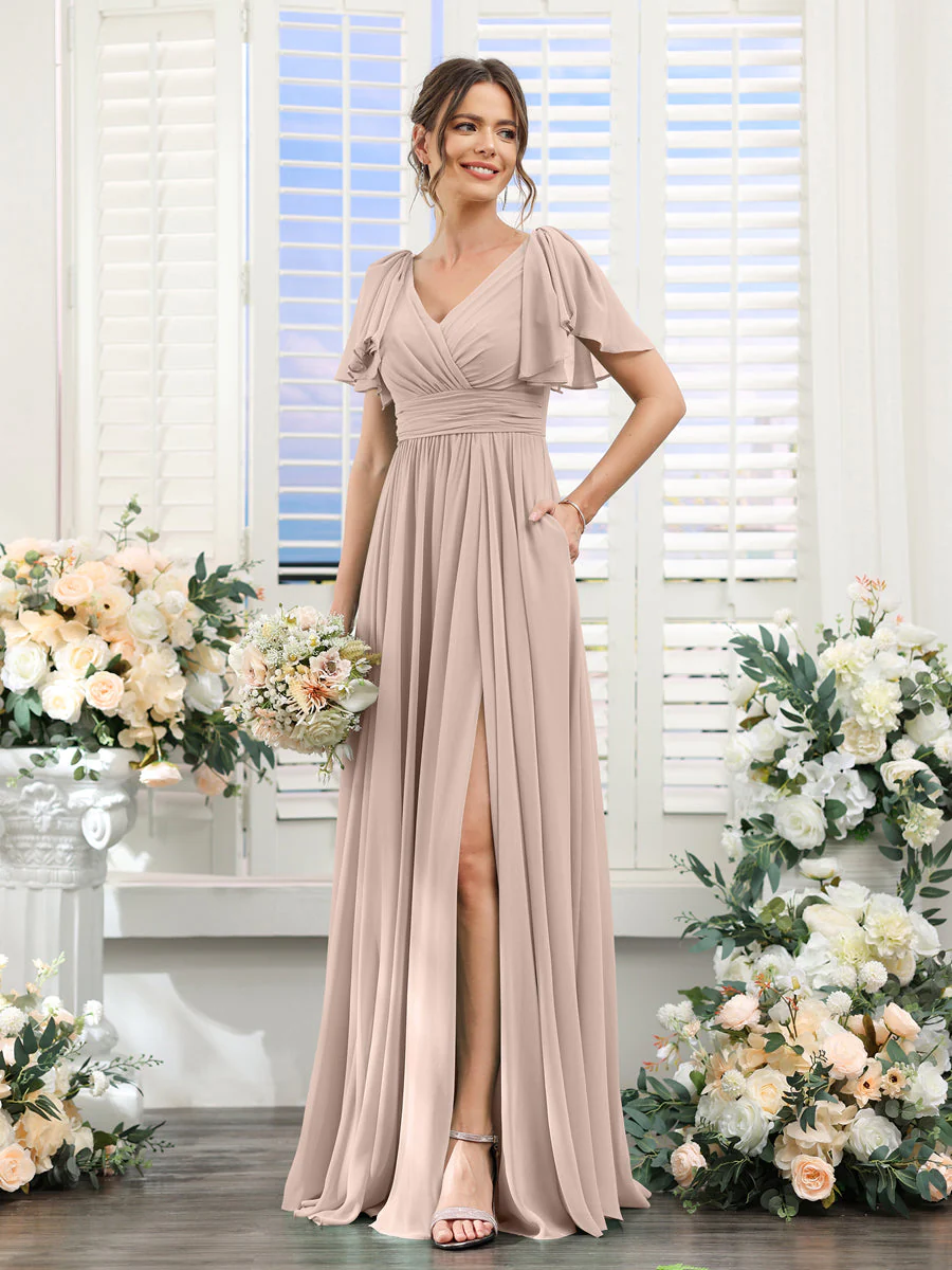 A-Line V-Neck Short Sleeves Split Side Chiffon Bridesmaid Dresses with Pockets - Image 28