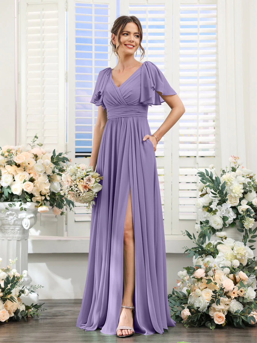 A-Line V-Neck Short Sleeves Split Side Chiffon Bridesmaid Dresses with Pockets - Image 41