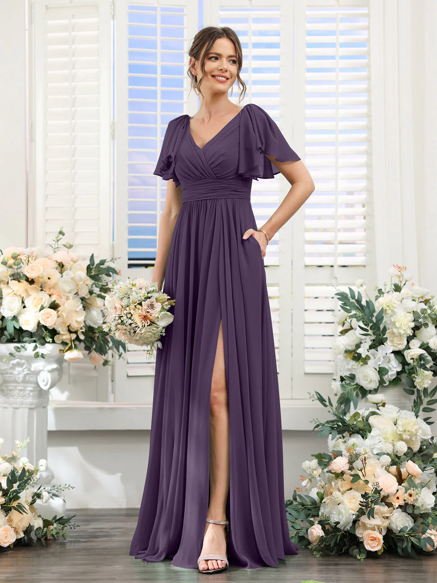 A-Line V-Neck Short Sleeves Split Side Chiffon Bridesmaid Dresses with Pockets - Image 45
