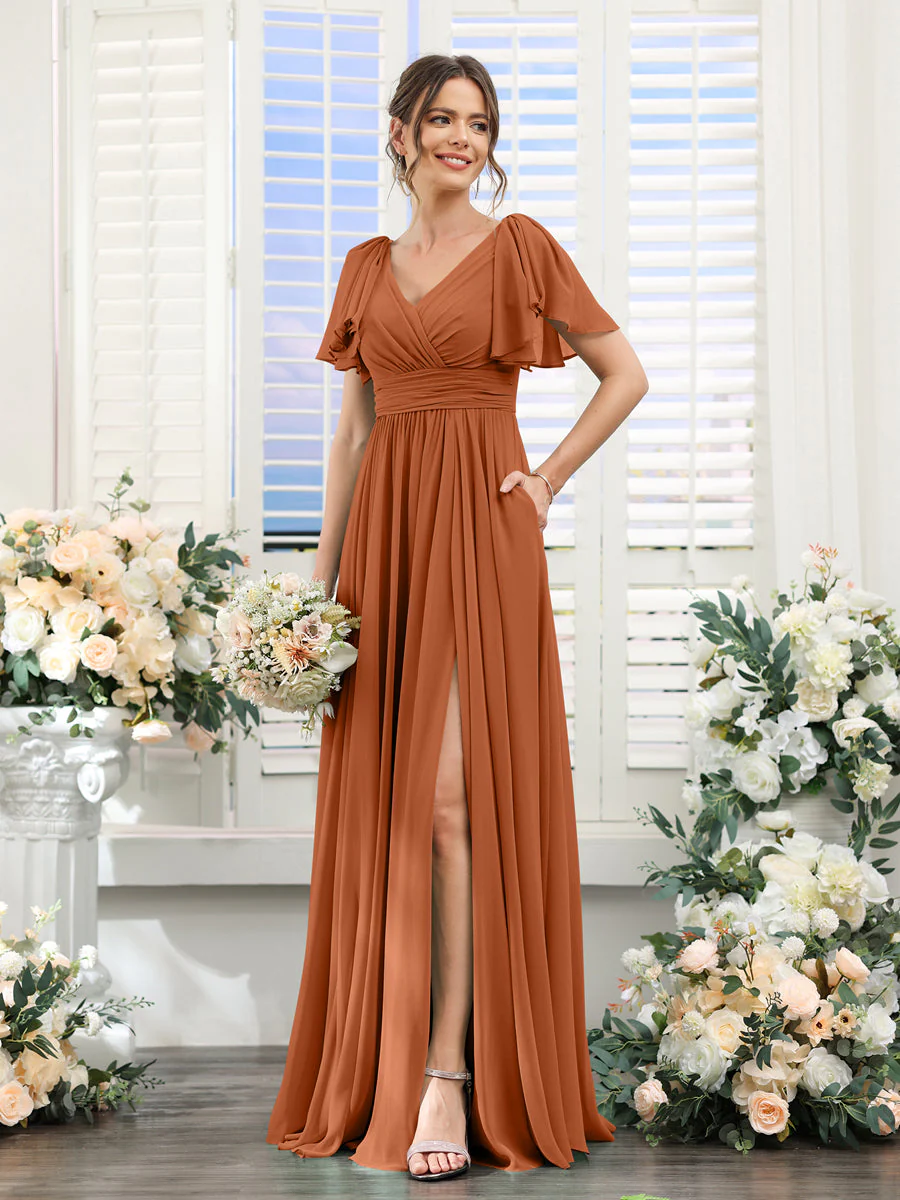 A-Line V-Neck Short Sleeves Split Side Chiffon Bridesmaid Dresses with Pockets - Image 9