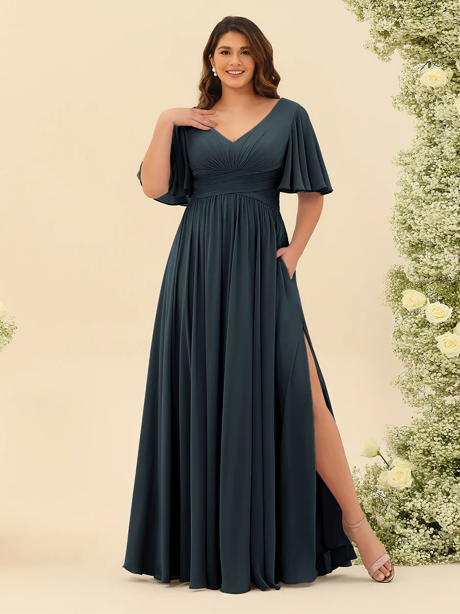 A-Line V-Neck Short Sleeves Split Side Chiffon Plus Size Bridesmaid Dresses with Pockets - Image 45