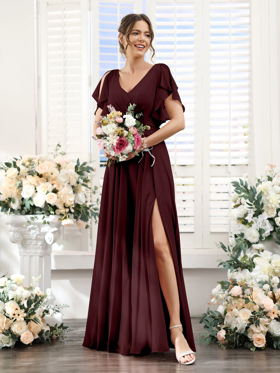 A-Line V-Neck Short Sleeves Split Side Floor-Length Chiffon Bridesmaid Dresses - Image 11