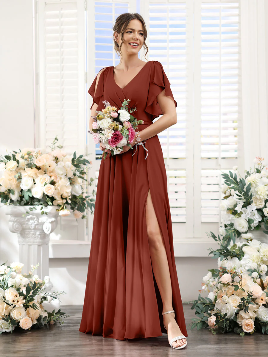 A-Line V-Neck Short Sleeves Split Side Floor-Length Chiffon Bridesmaid Dresses - Image 12