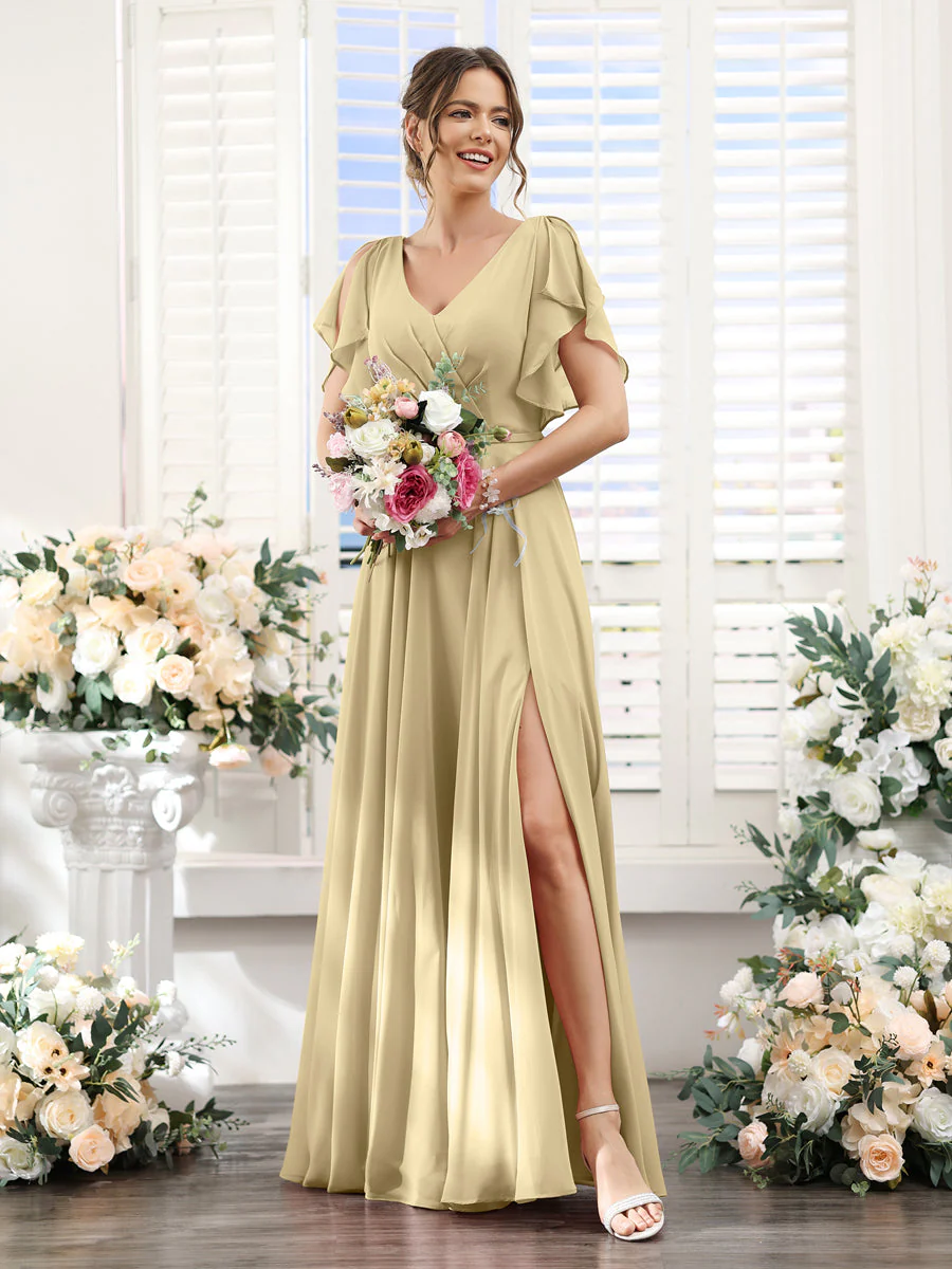A-Line V-Neck Short Sleeves Split Side Floor-Length Chiffon Bridesmaid Dresses - Image 23