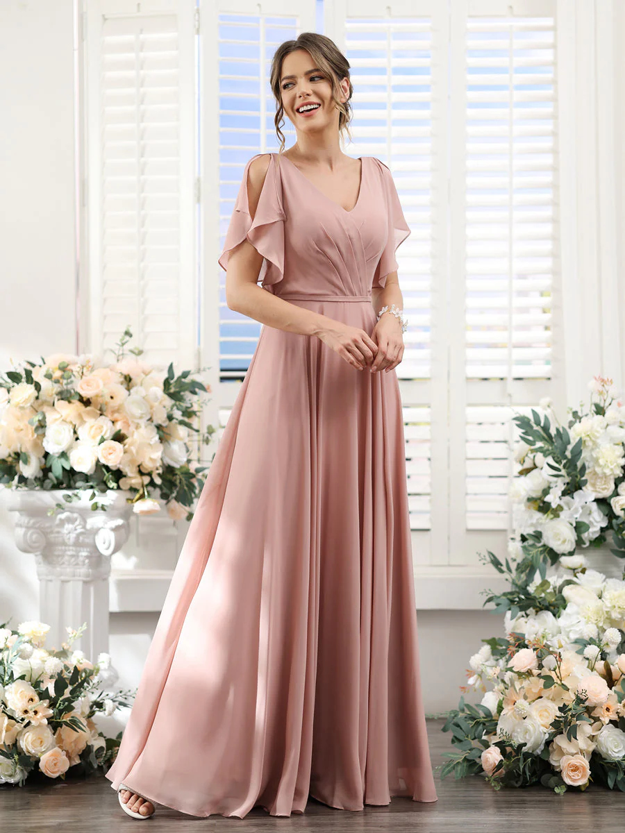 A-Line V-Neck Short Sleeves Split Side Floor-Length Chiffon Bridesmaid Dresses - Image 4