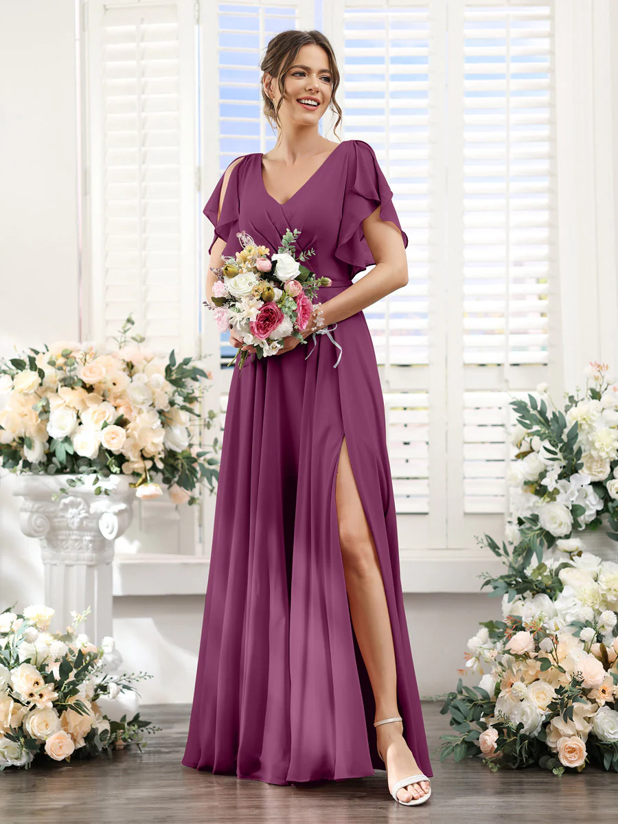 A-Line V-Neck Short Sleeves Split Side Floor-Length Chiffon Bridesmaid Dresses - Image 43