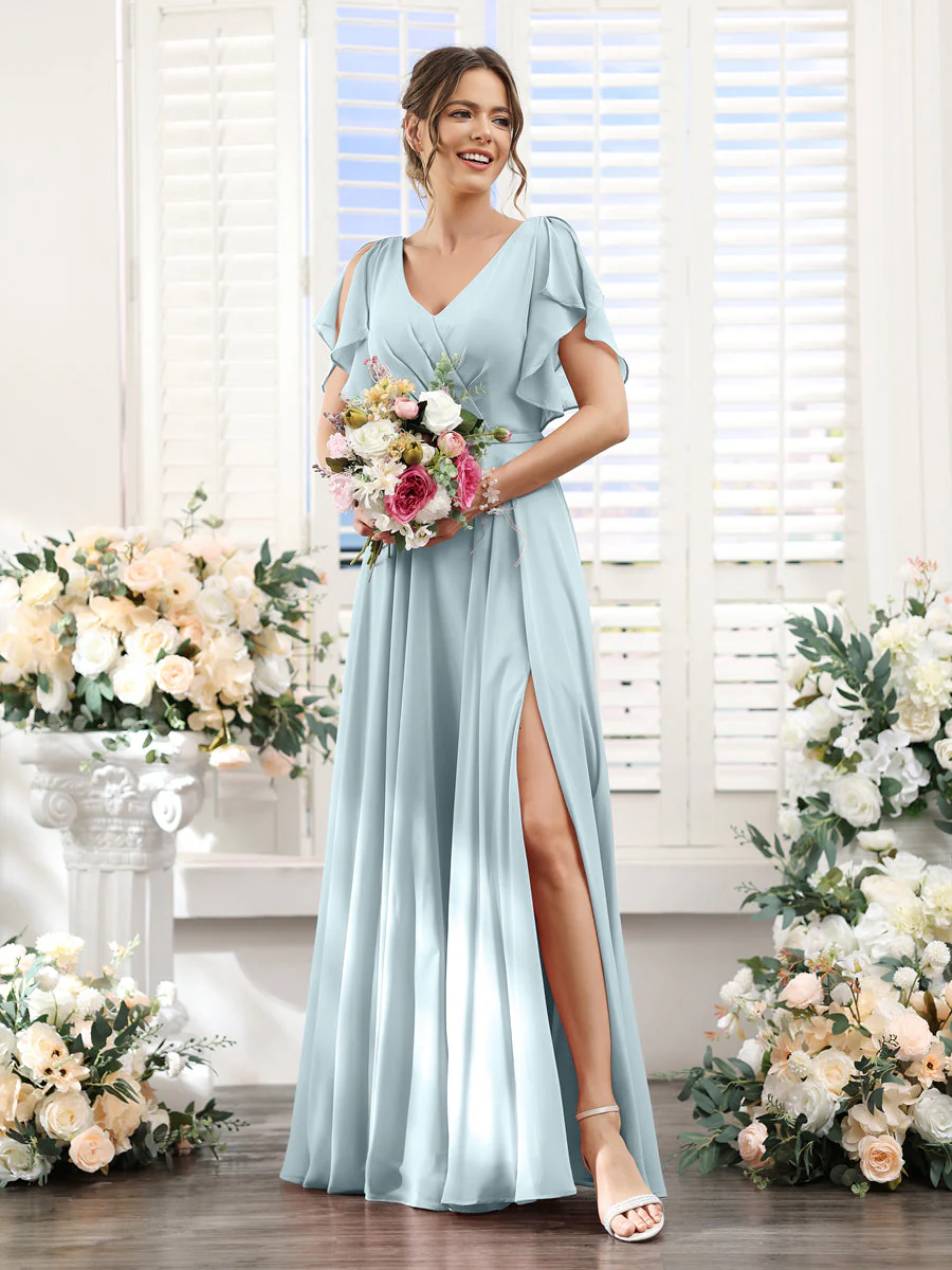 A-Line V-Neck Short Sleeves Split Side Floor-Length Chiffon Bridesmaid Dresses - Image 46