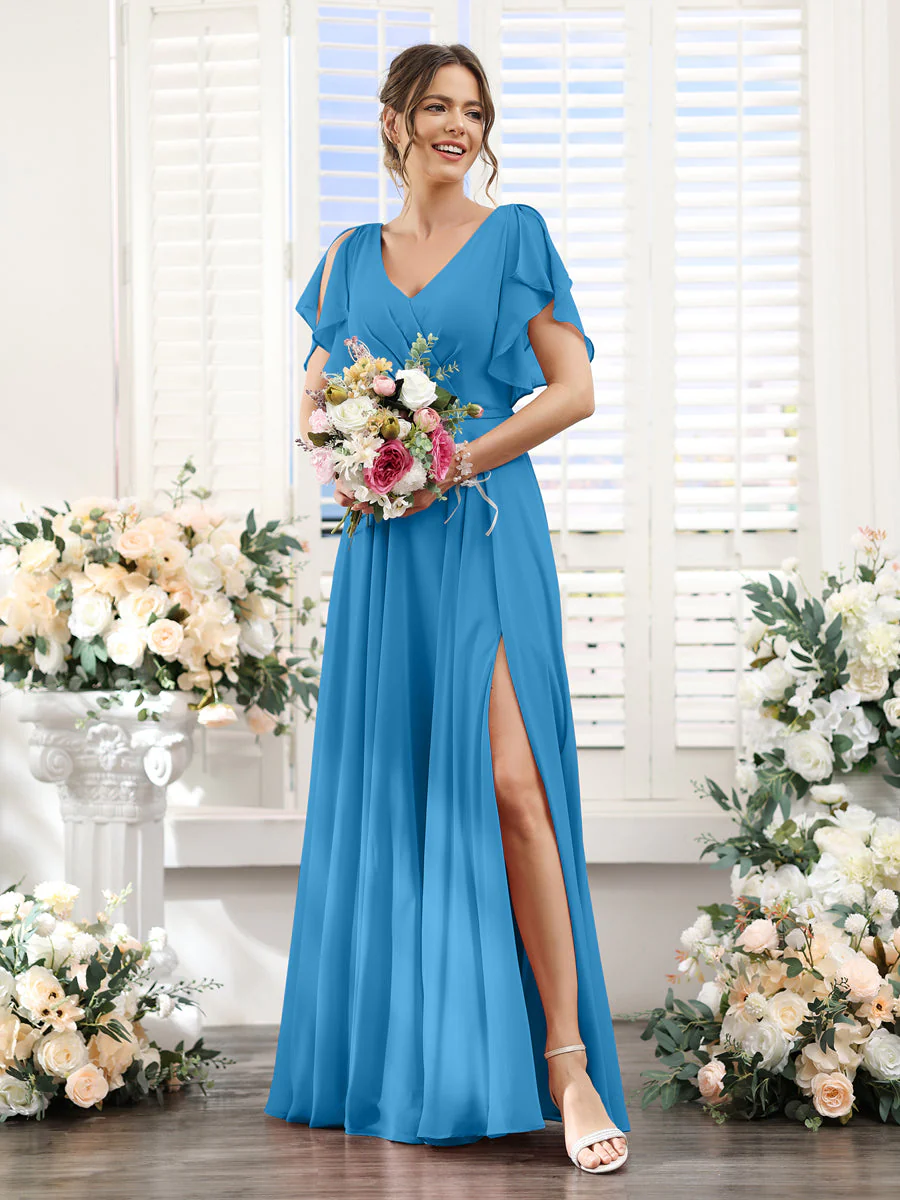 A-Line V-Neck Short Sleeves Split Side Floor-Length Chiffon Bridesmaid Dresses - Image 52