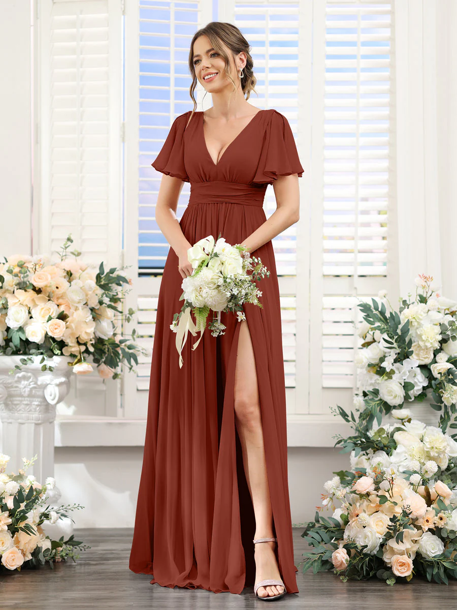 A-Line V-Neck Short Sleeves Split Side Floor-Length Chiffon Bridesmaid Dresses - Image 12