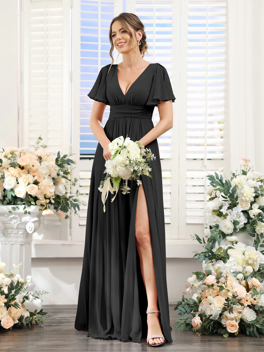 A-Line V-Neck Short Sleeves Split Side Floor-Length Chiffon Bridesmaid Dresses - Image 17