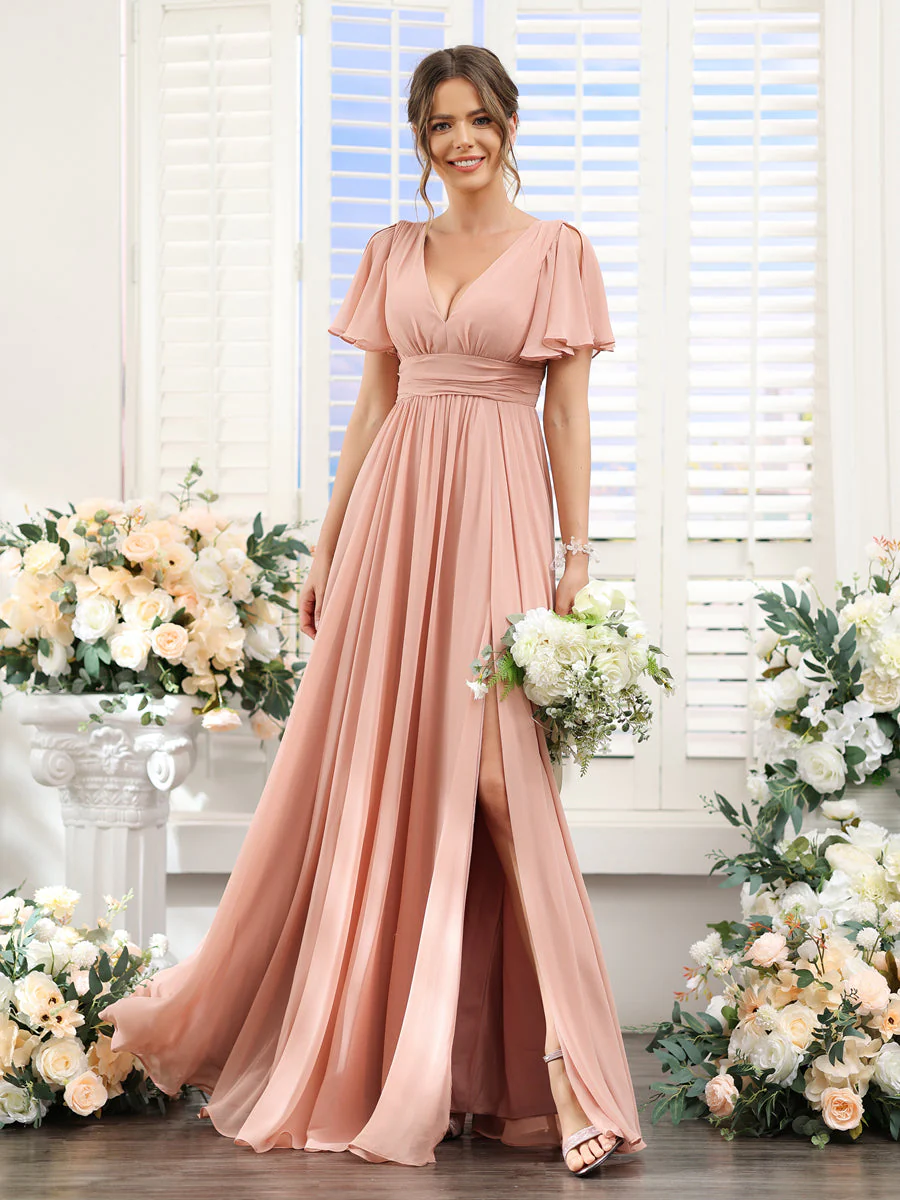 A-Line V-Neck Short Sleeves Split Side Floor-Length Chiffon Bridesmaid Dresses - Image 3