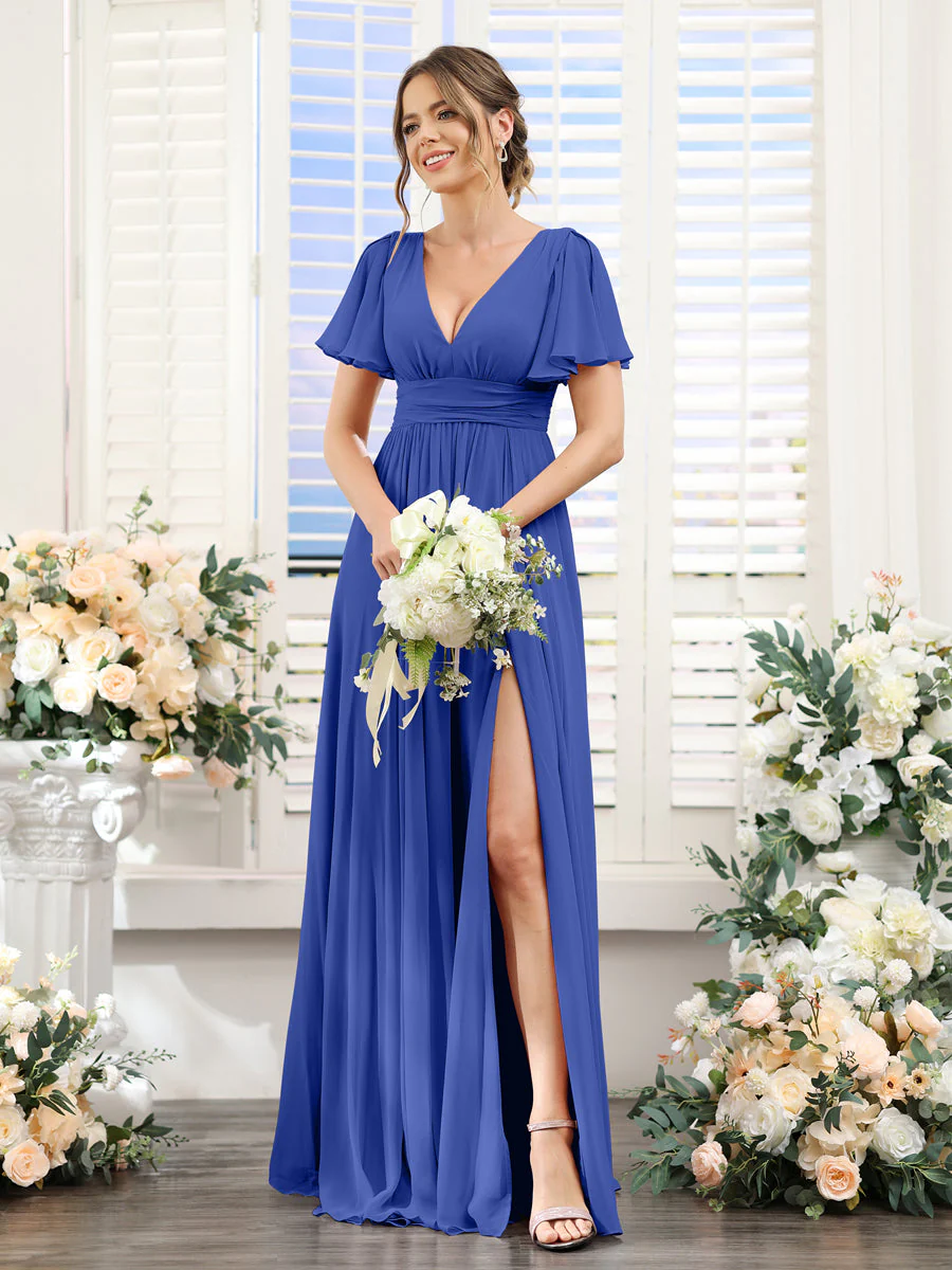 A-Line V-Neck Short Sleeves Split Side Floor-Length Chiffon Bridesmaid Dresses - Image 52