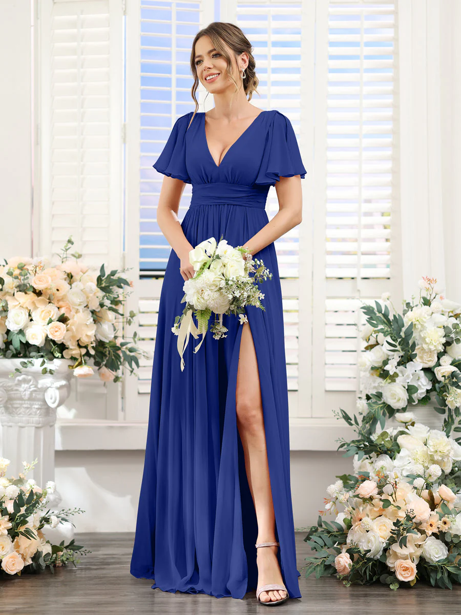 A-Line V-Neck Short Sleeves Split Side Floor-Length Chiffon Bridesmaid Dresses - Image 54