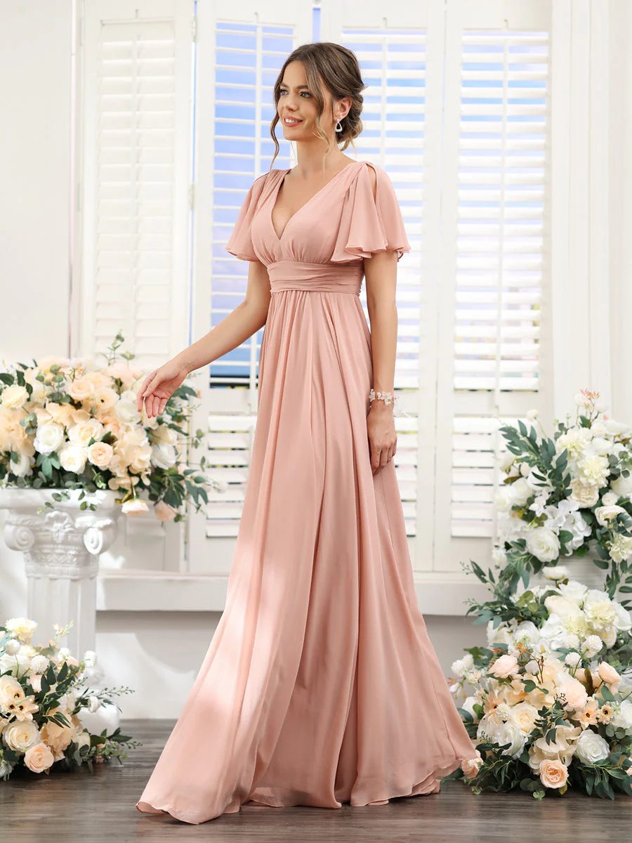 A-Line V-Neck Short Sleeves Split Side Floor-Length Chiffon Bridesmaid Dresses - Image 6