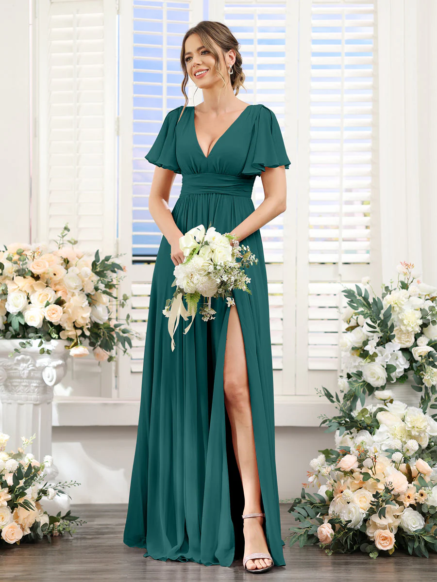 A-Line V-Neck Short Sleeves Split Side Floor-Length Chiffon Bridesmaid Dresses - Image 64