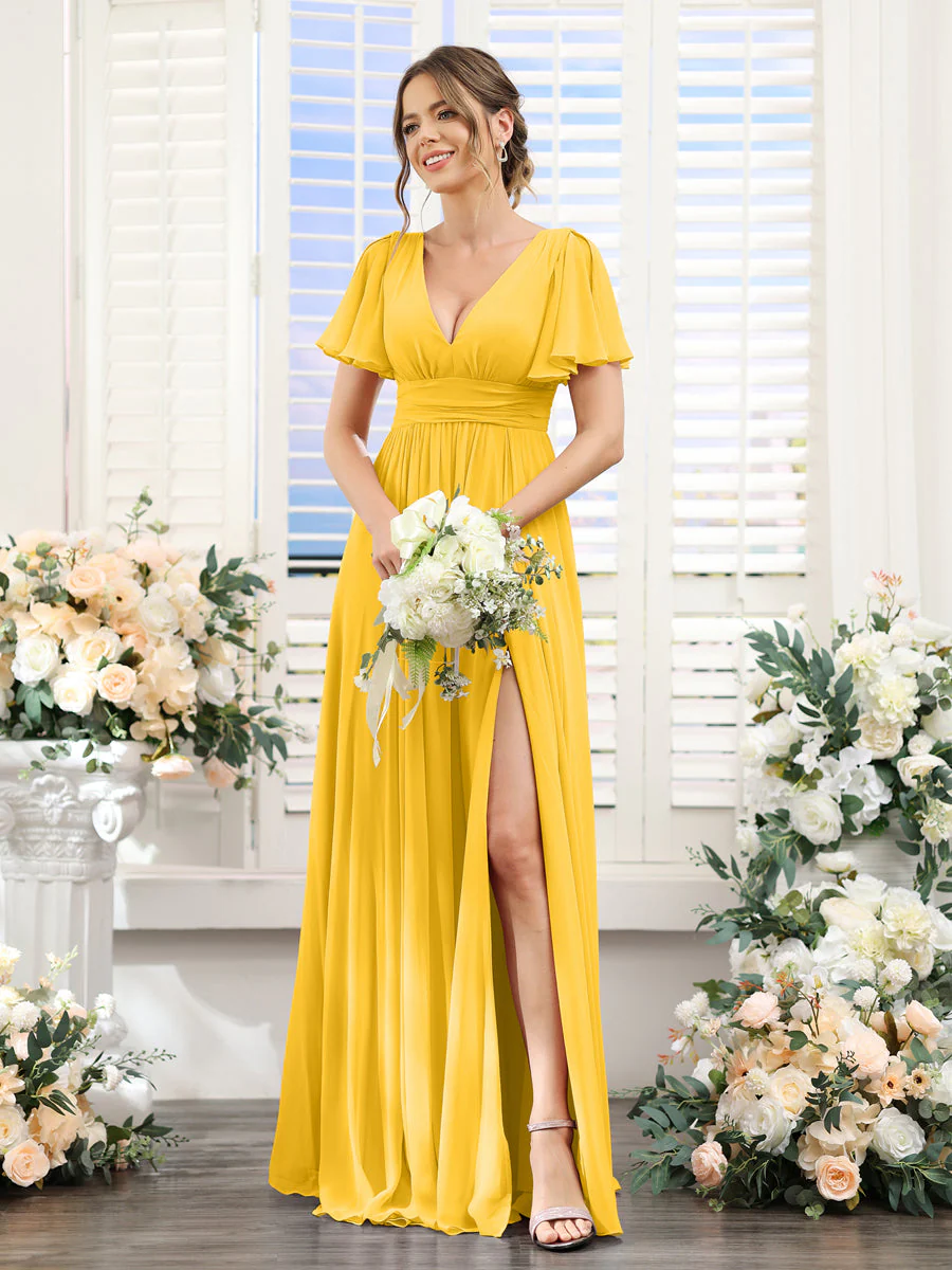 A-Line V-Neck Short Sleeves Split Side Floor-Length Chiffon Bridesmaid Dresses - Image 69