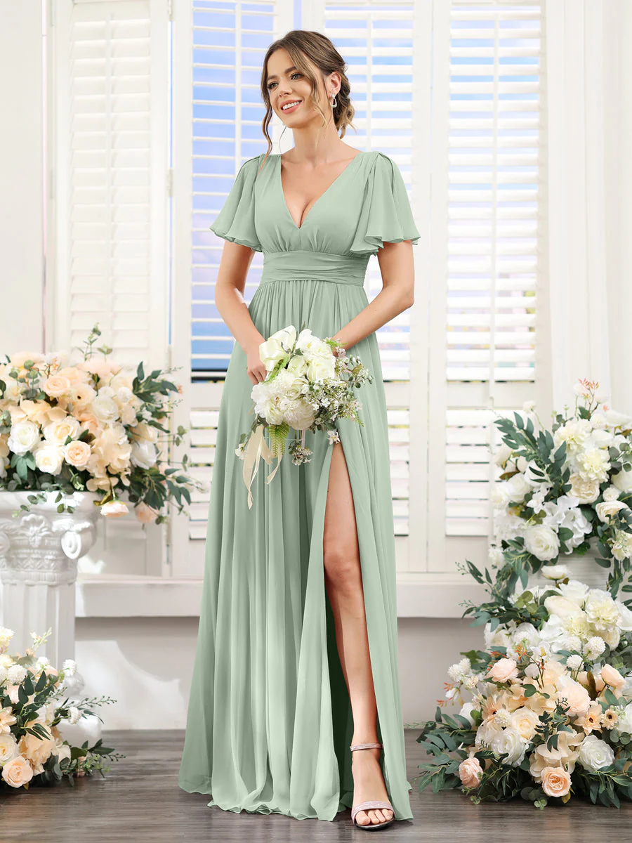 A-Line V-Neck Short Sleeves Split Side Floor-Length Chiffon Bridesmaid Dresses - Image 9