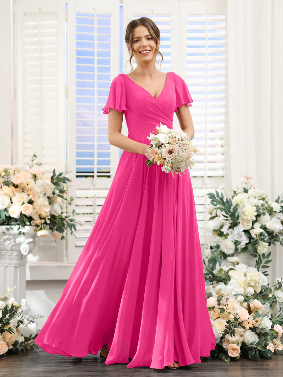 A-Line V-Neck Short Sleeves Split Side Ruched Chiffon Bridesmaid Dresses - Image 33