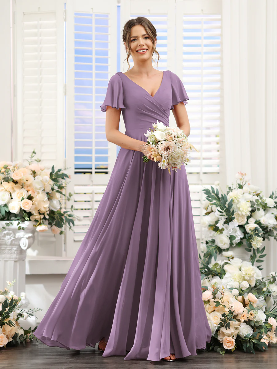 A-Line V-Neck Short Sleeves Split Side Ruched Chiffon Bridesmaid Dresses - Image 40