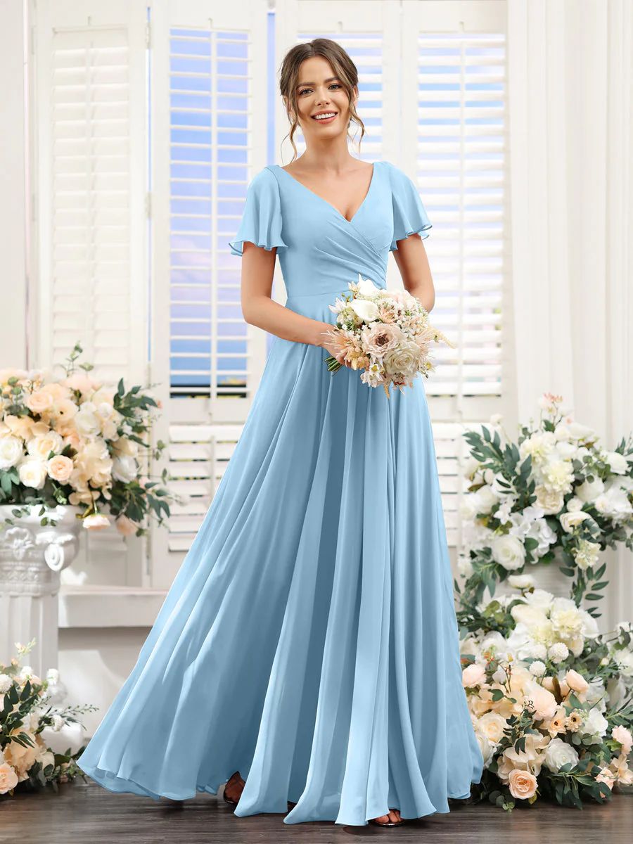A-Line V-Neck Short Sleeves Split Side Ruched Chiffon Bridesmaid Dresses - Image 50