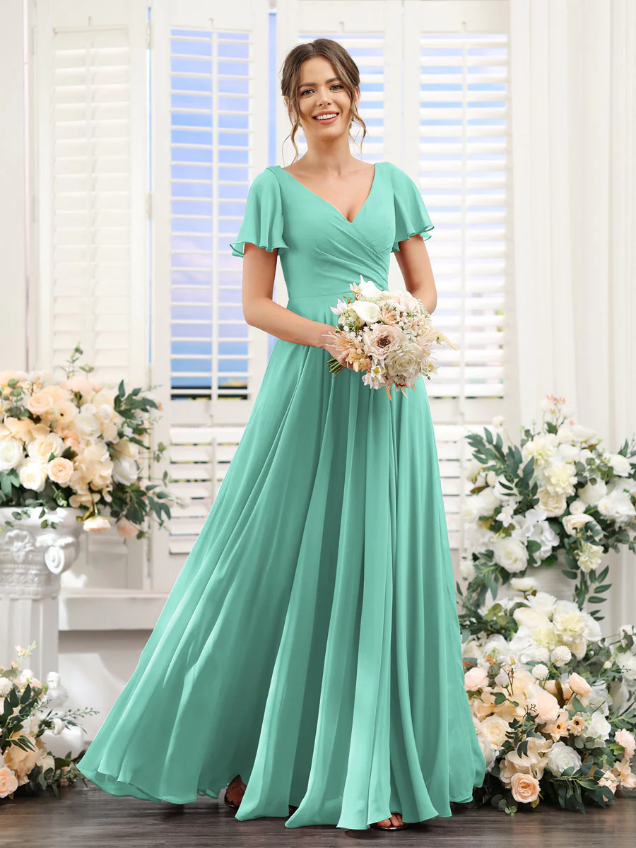 A-Line V-Neck Short Sleeves Split Side Ruched Chiffon Bridesmaid Dresses - Image 62