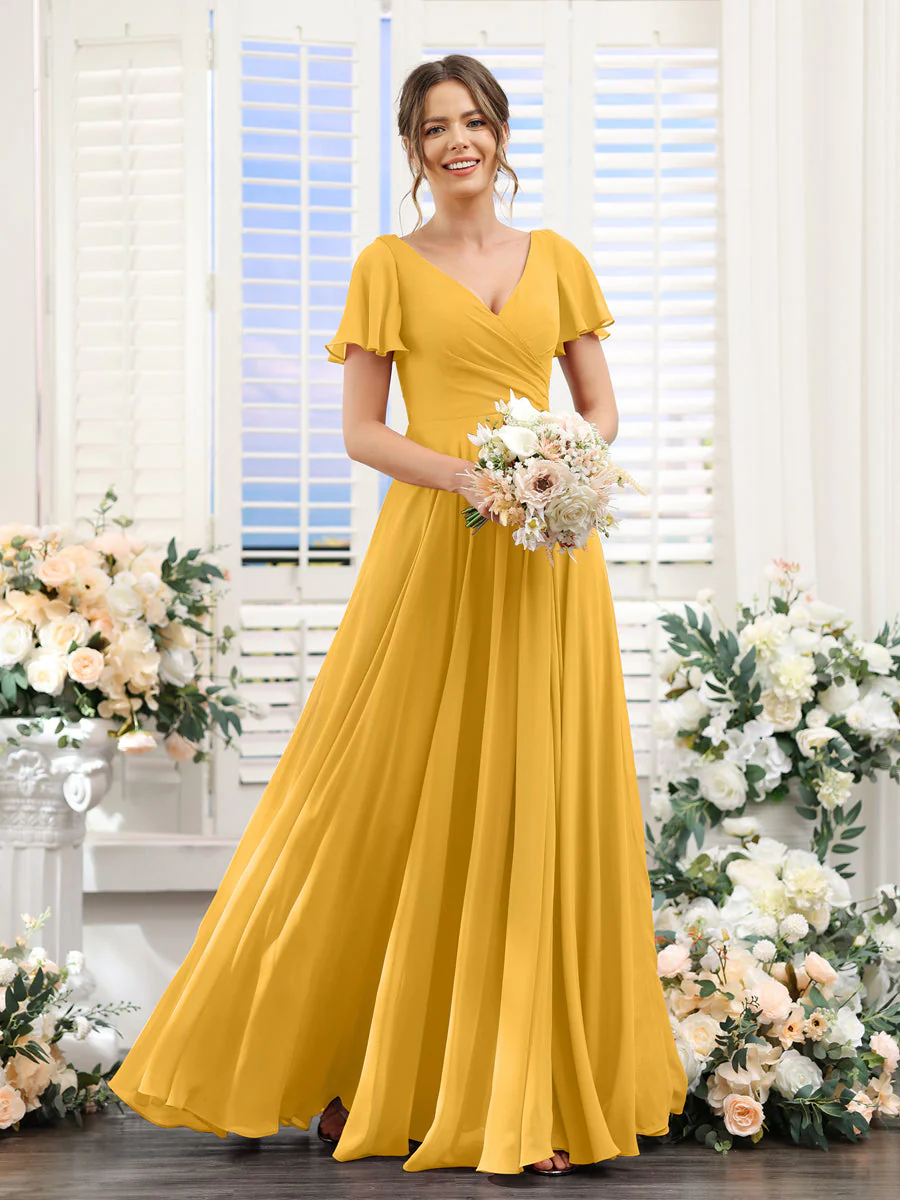 A-Line V-Neck Short Sleeves Split Side Ruched Chiffon Bridesmaid Dresses - Image 70