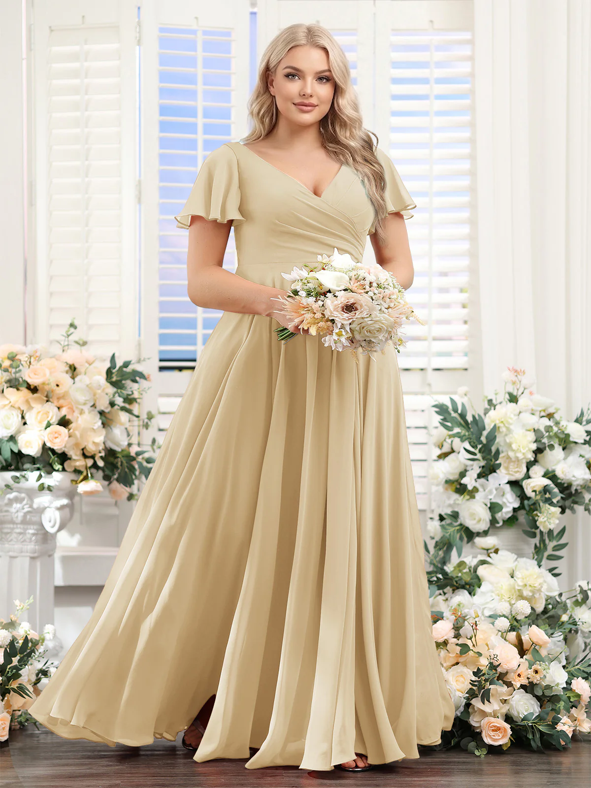 A-Line V-Neck Short Sleeves Split Side Ruched Chiffon Plus Size Bridesmaid Dresses - Image 10