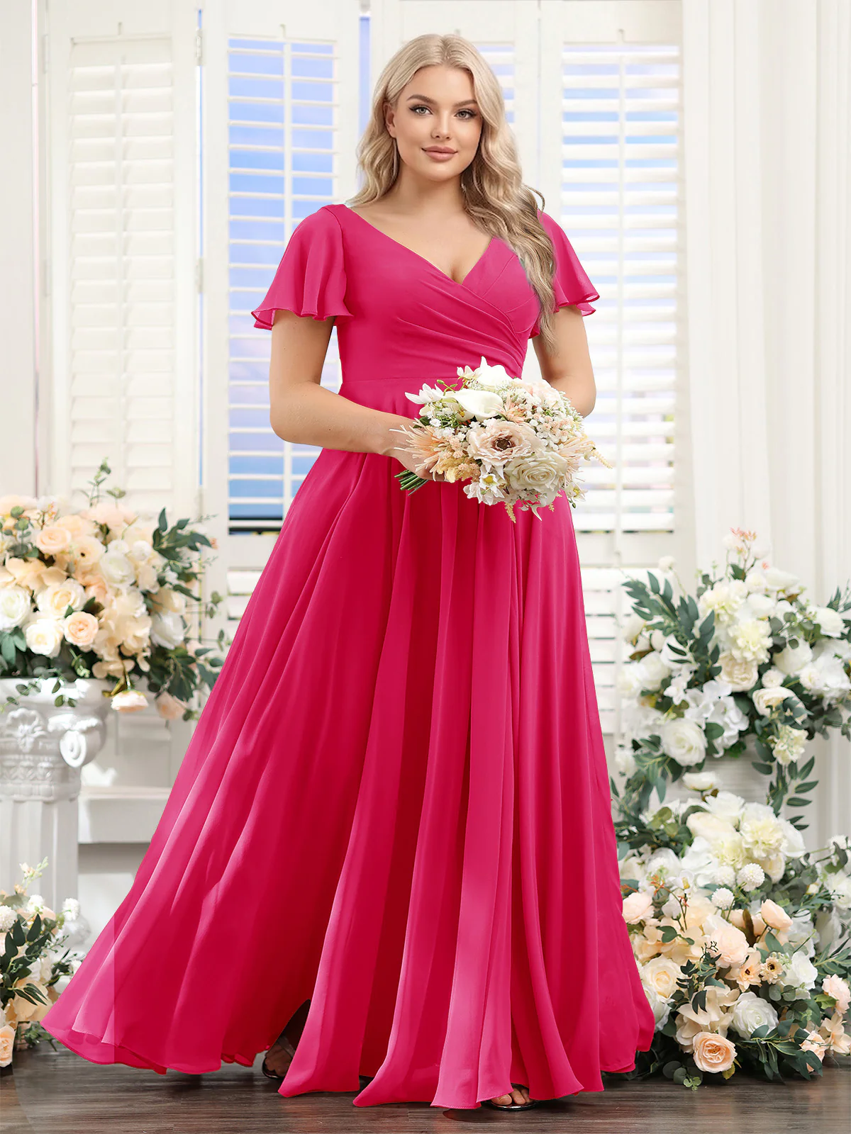 A-Line V-Neck Short Sleeves Split Side Ruched Chiffon Plus Size Bridesmaid Dresses - Image 22