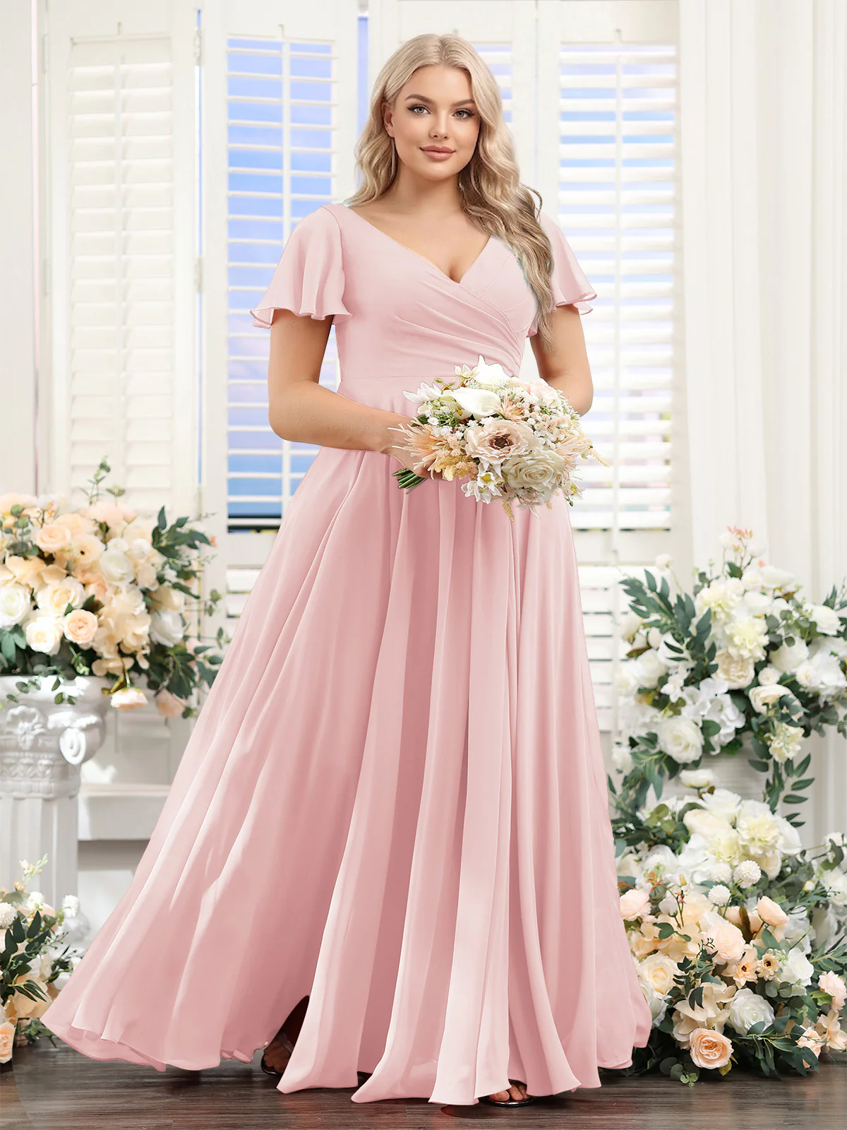 A-Line V-Neck Short Sleeves Split Side Ruched Chiffon Plus Size Bridesmaid Dresses - Image 33