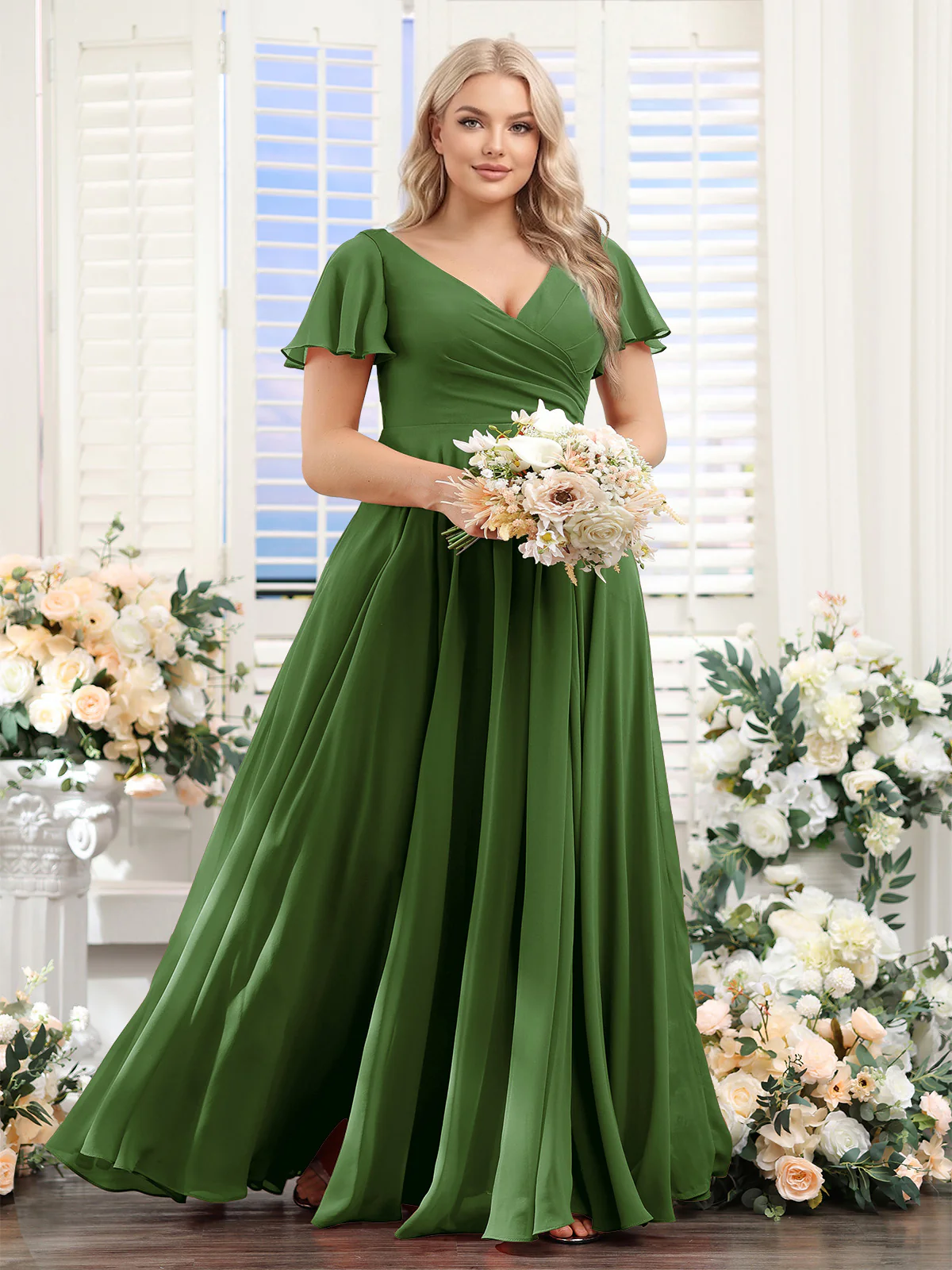 A-Line V-Neck Short Sleeves Split Side Ruched Chiffon Plus Size Bridesmaid Dresses - Image 46