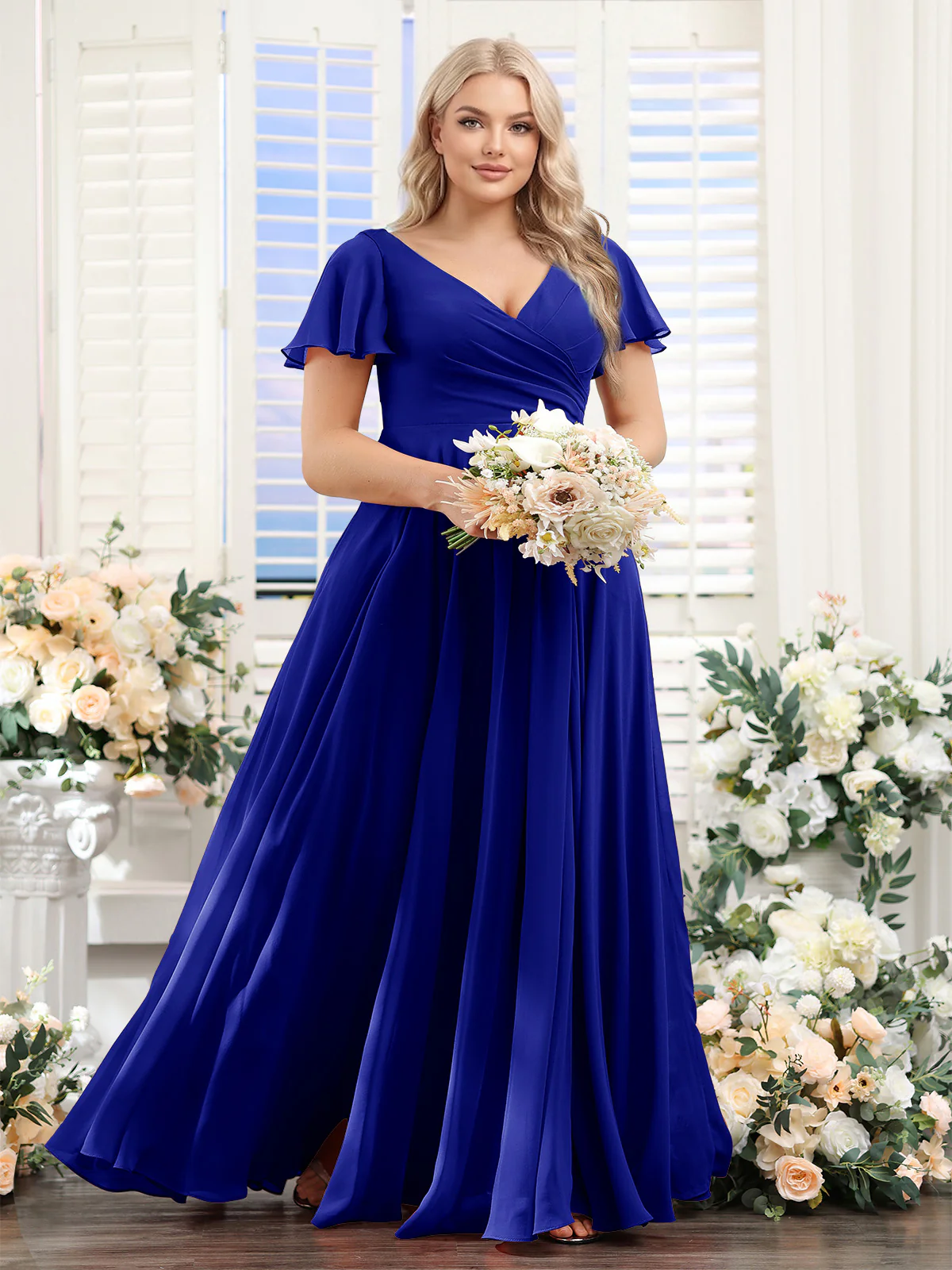 A-Line V-Neck Short Sleeves Split Side Ruched Chiffon Plus Size Bridesmaid Dresses - Image 56