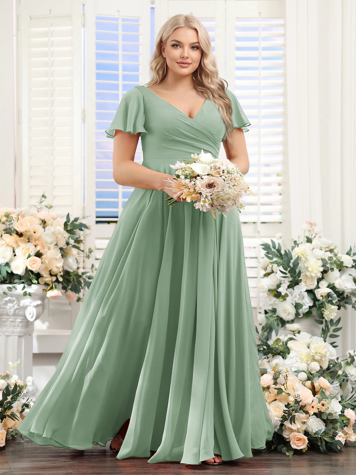 A-Line V-Neck Short Sleeves Split Side Ruched Chiffon Plus Size Bridesmaid Dresses - Image 58