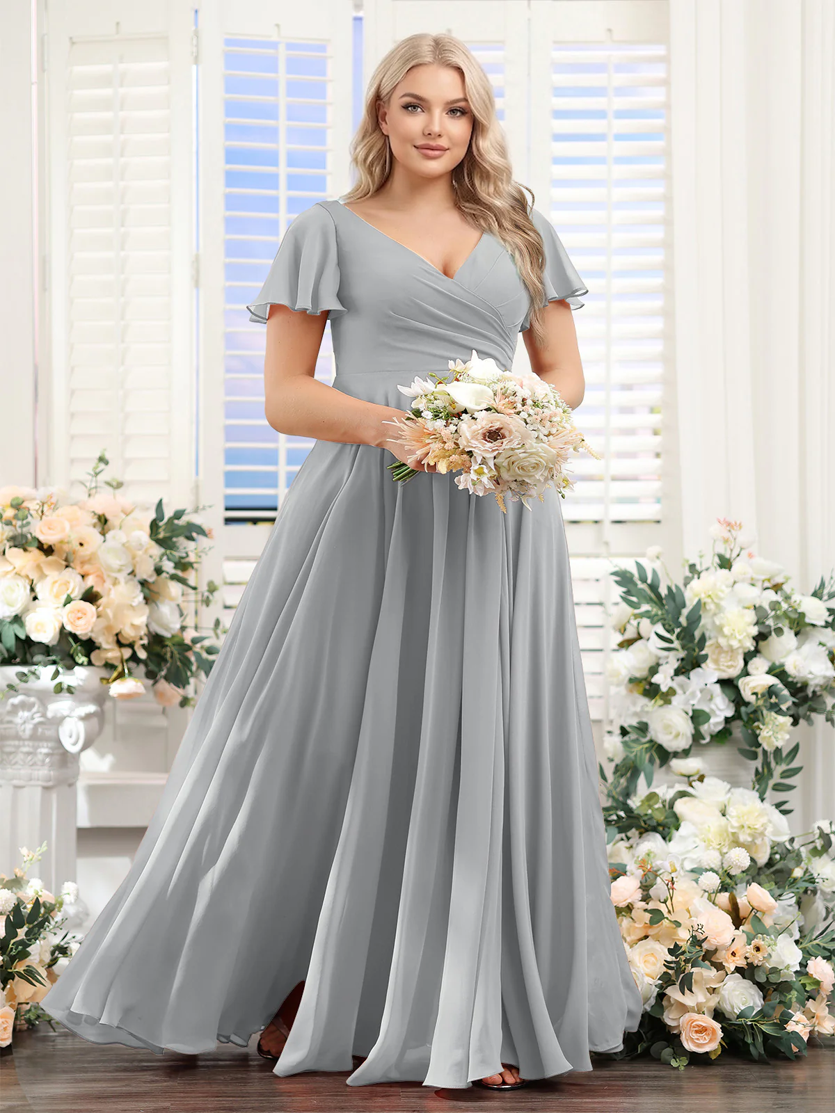 A-Line V-Neck Short Sleeves Split Side Ruched Chiffon Plus Size Bridesmaid Dresses - Image 60