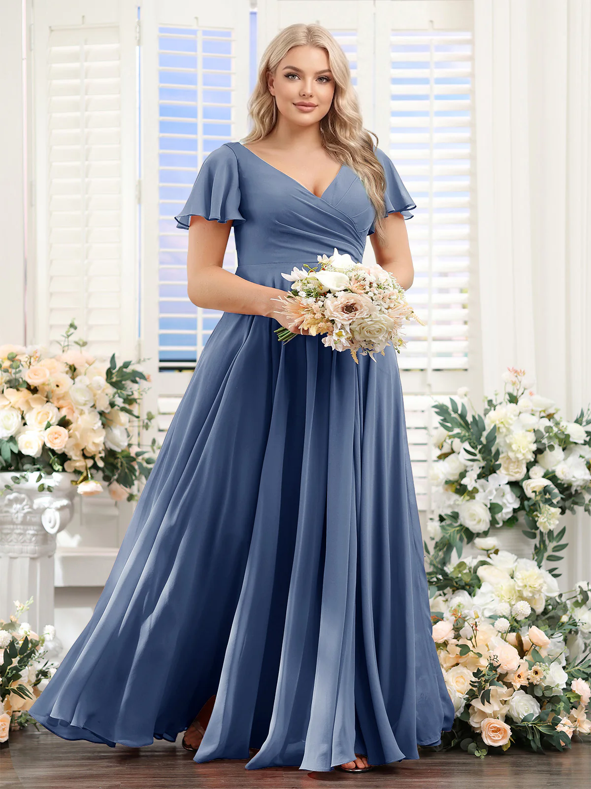 A-Line V-Neck Short Sleeves Split Side Ruched Chiffon Plus Size Bridesmaid Dresses - Image 64